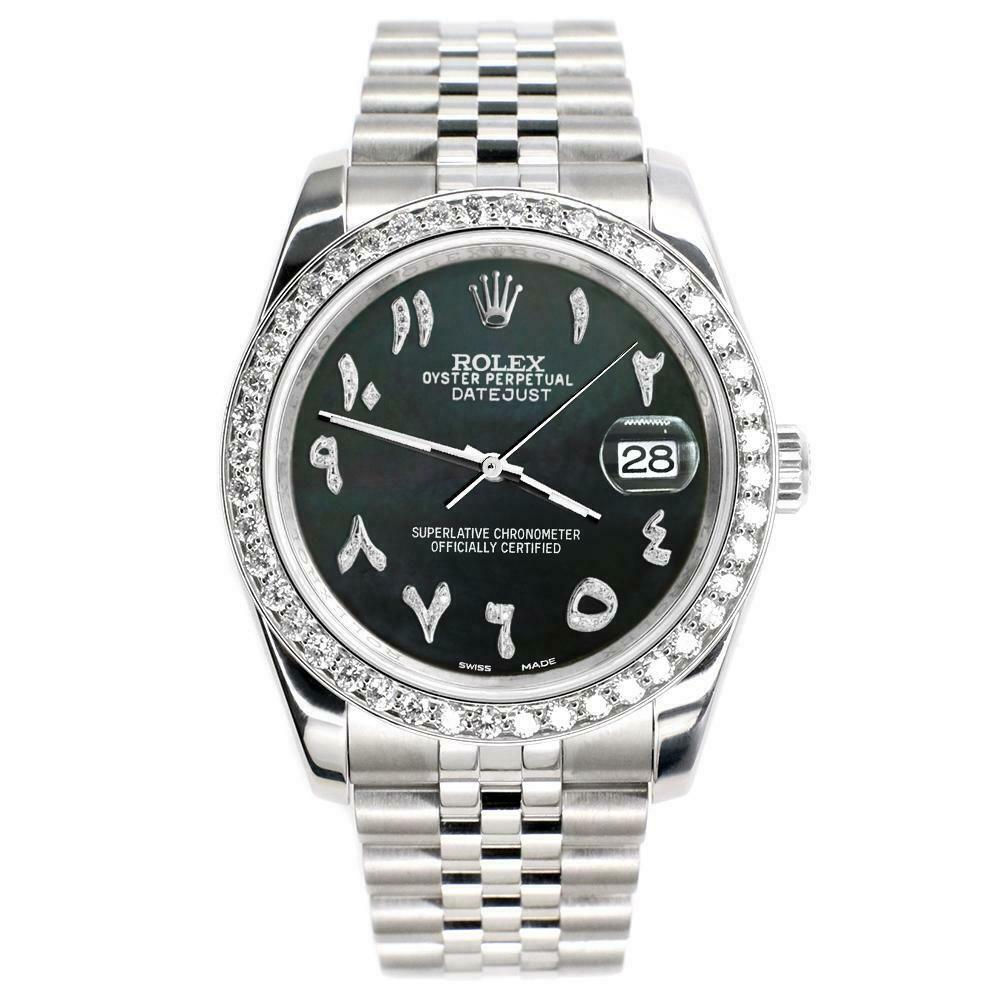 Rolex Datejust 116200 36mm 2.0ct Diamond Bezel/Black MOP Arabic Dial Steel Watch