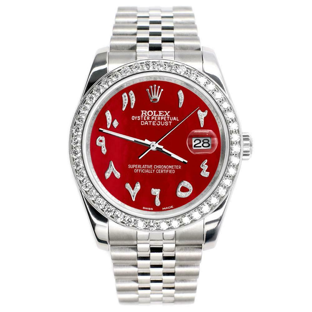 Rolex Datejust 116200 36mm 2.0ct Diamond Bezel/Red MOP Arabic Dial Steel Watch