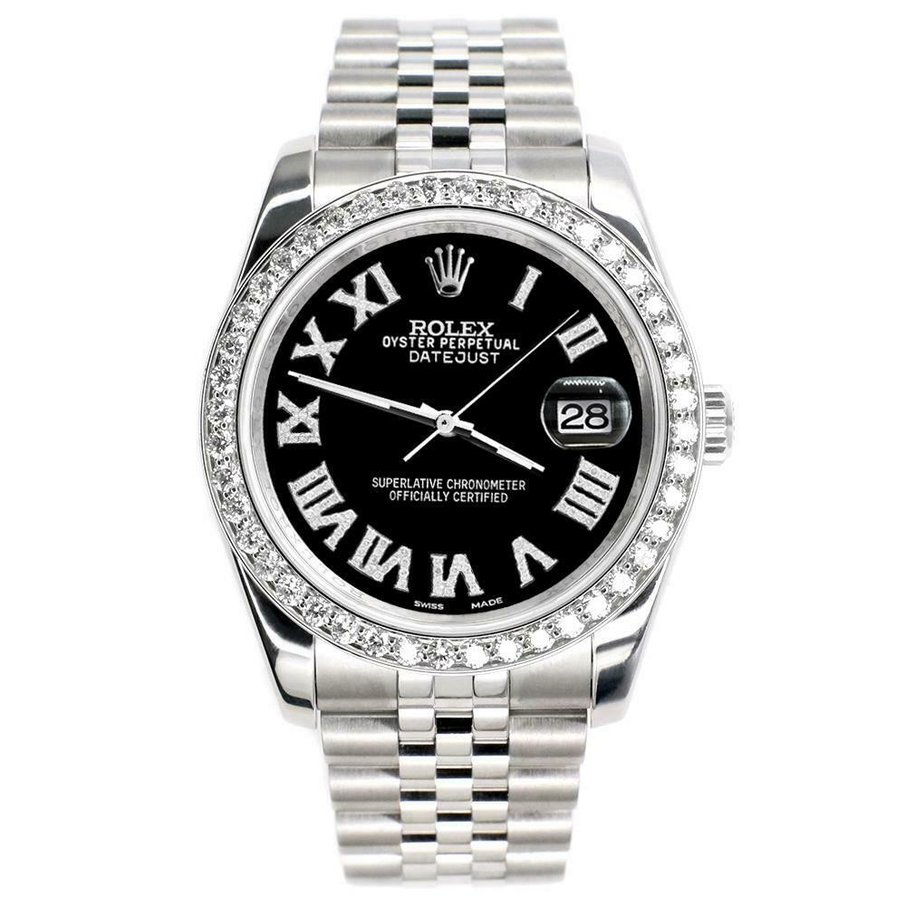 Rolex Datejust 116200 36mm 2.0ct Diamond Bezel/Black Roman Dial Steel Watch