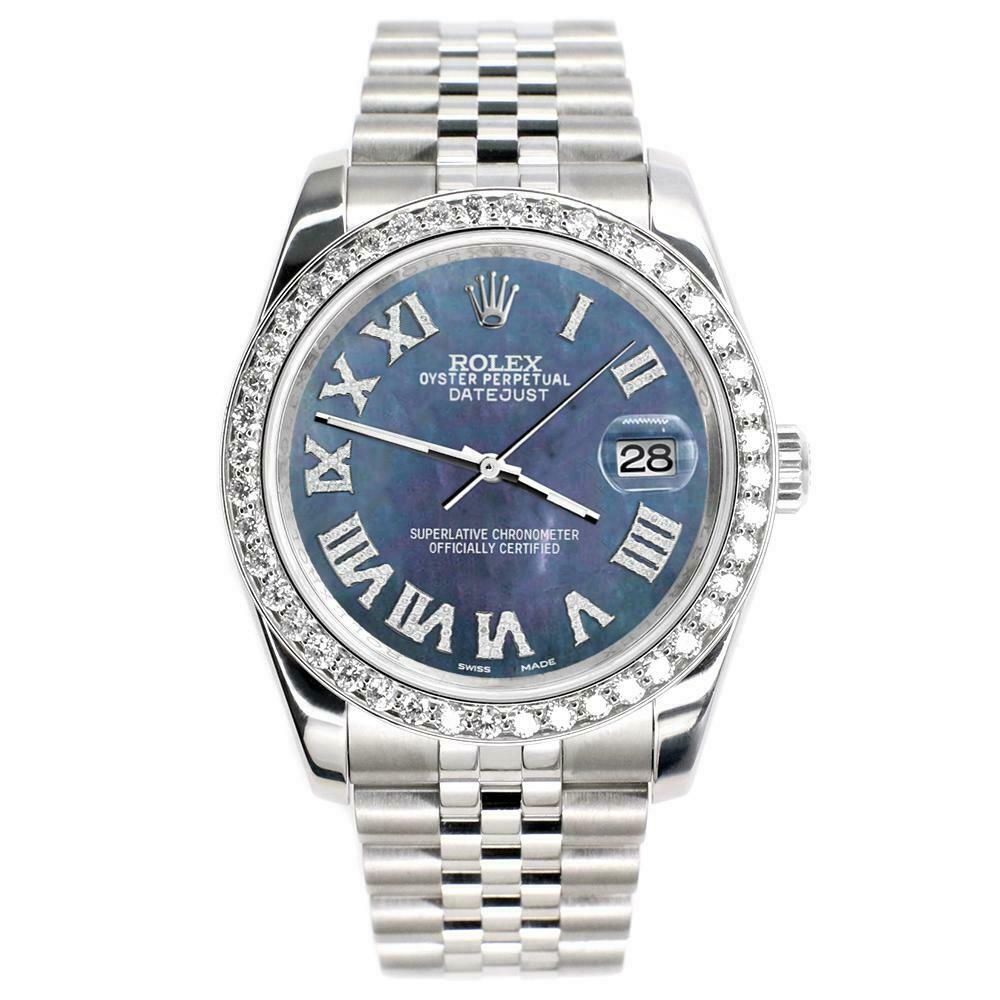 Rolex Datejust 116200 36mm 2.0ct Diamond Bezel/Black Pearl Roman Dial Steel Watch