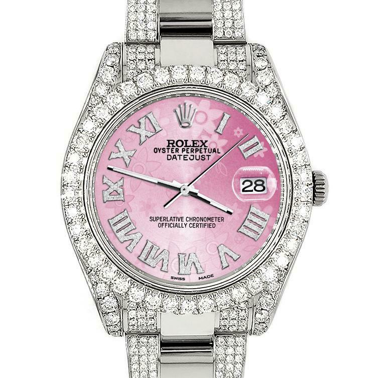Rolex Datejust II 41mm Diamond Bezel/Lugs/Bracelet/Pink Flower Roman Dial Watch