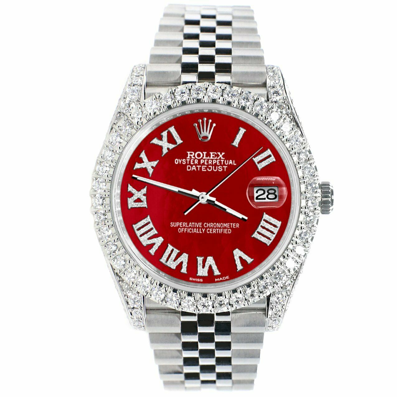 Rolex Datejust 41mm 5.9CT Bezel/Lugs/Sides/Red MOP Roman Dial Watch