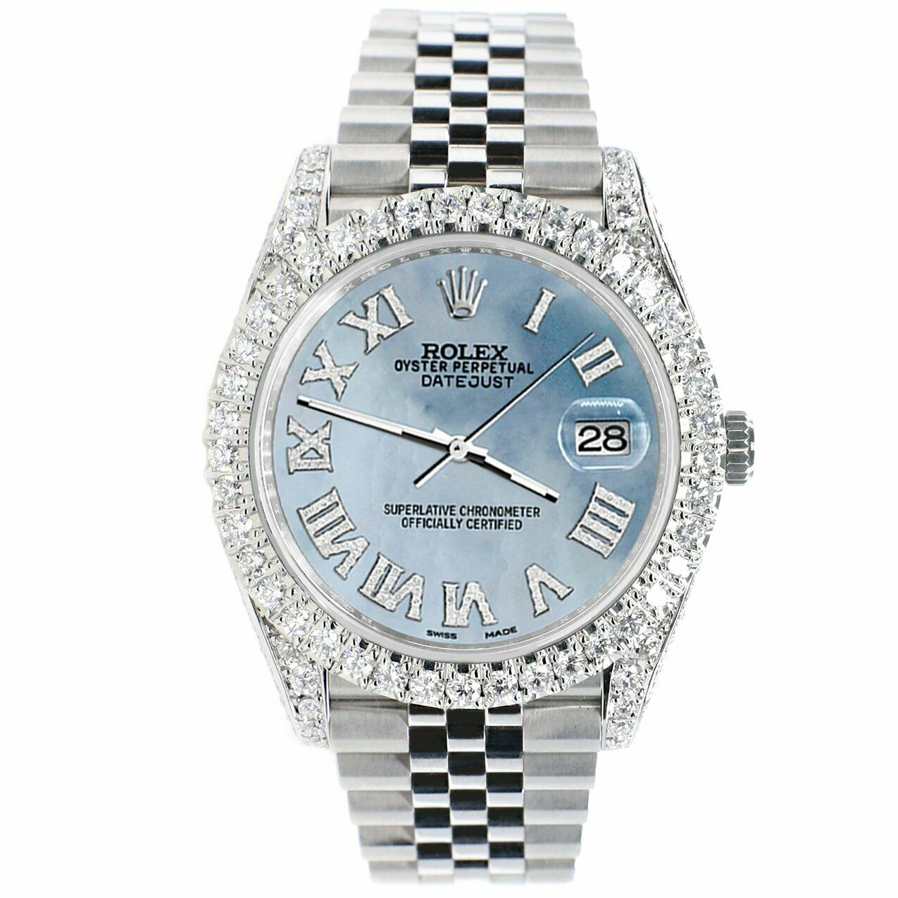 Rolex Datejust 41mm 5.9CT Bezel/Lugs/Sides/Sky Blue MOP Roman Watch