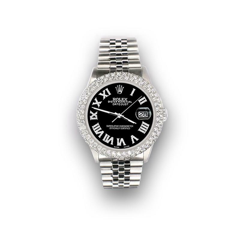 Rolex Datejust 36mm 4.6ct Dome Diamond Bezel/Black Roman Dial Steel Watch