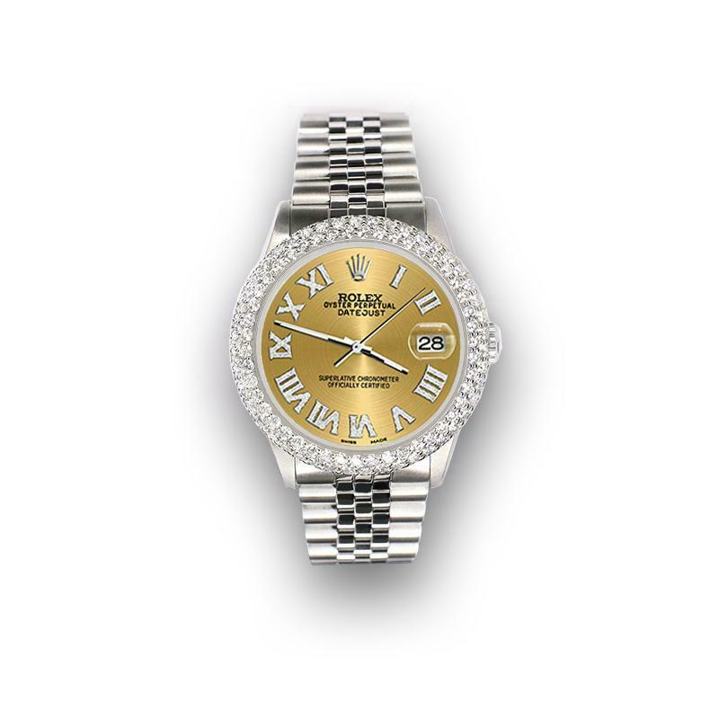 Rolex Datejust 36mm 4.6ct Dome Diamond Bezel/Champagne Roman Dial Steel Watch