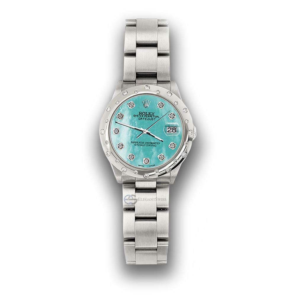 Rolex Datejust Midsize 31mm Domed 24 Diamonds Bezel/Aquamarine MOP Watch 78240