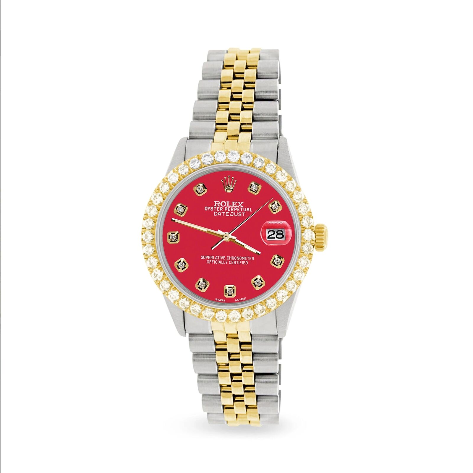 Rolex Datejust 36mm 2-Tone Watch 3.05ct Diamond Bezel/Scarlet Red Diamond Dial