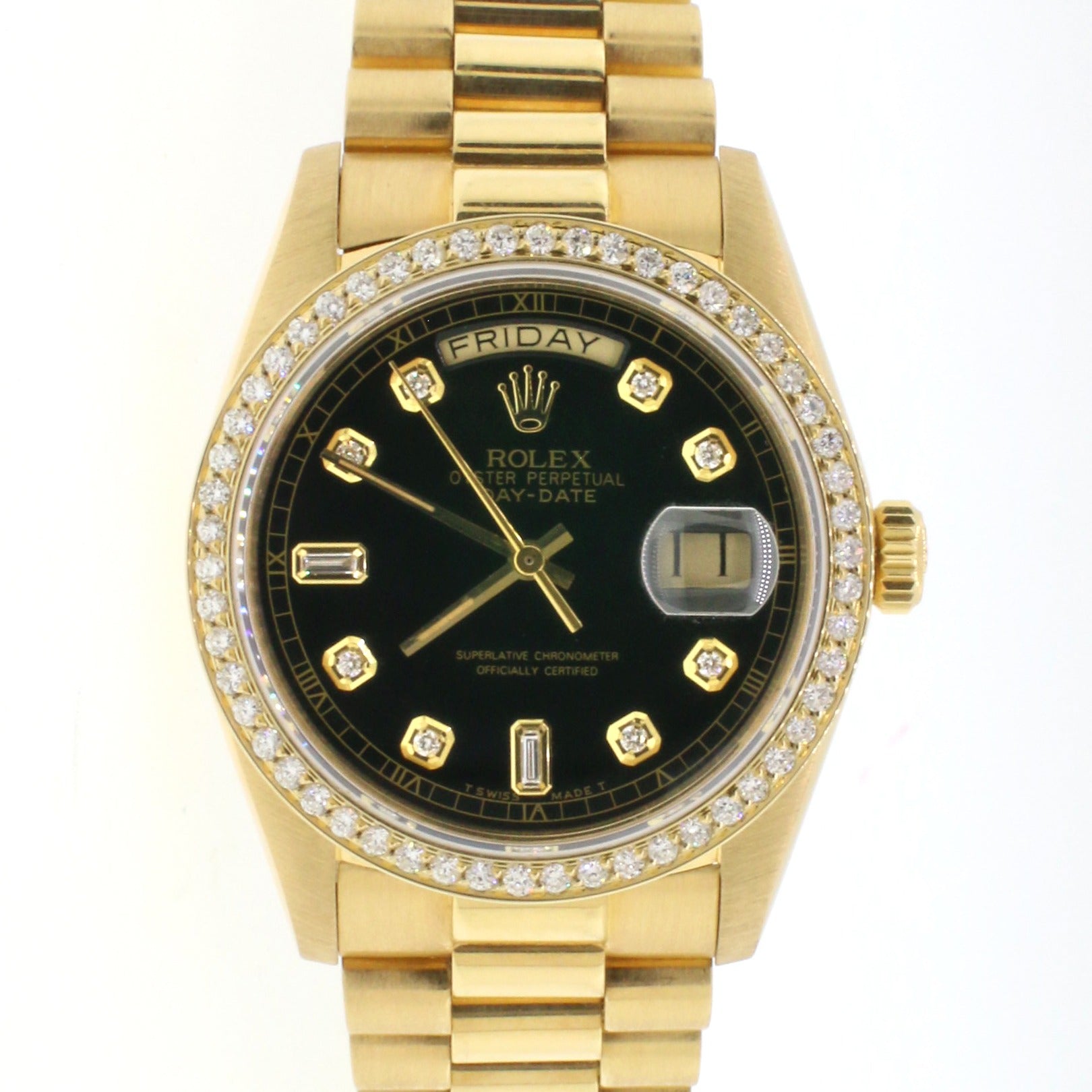 Rolex President Day-Date 36mm 18238 Yellow Gold Double Quickset Watch with Diamond Bezel/Black Diamond Dial