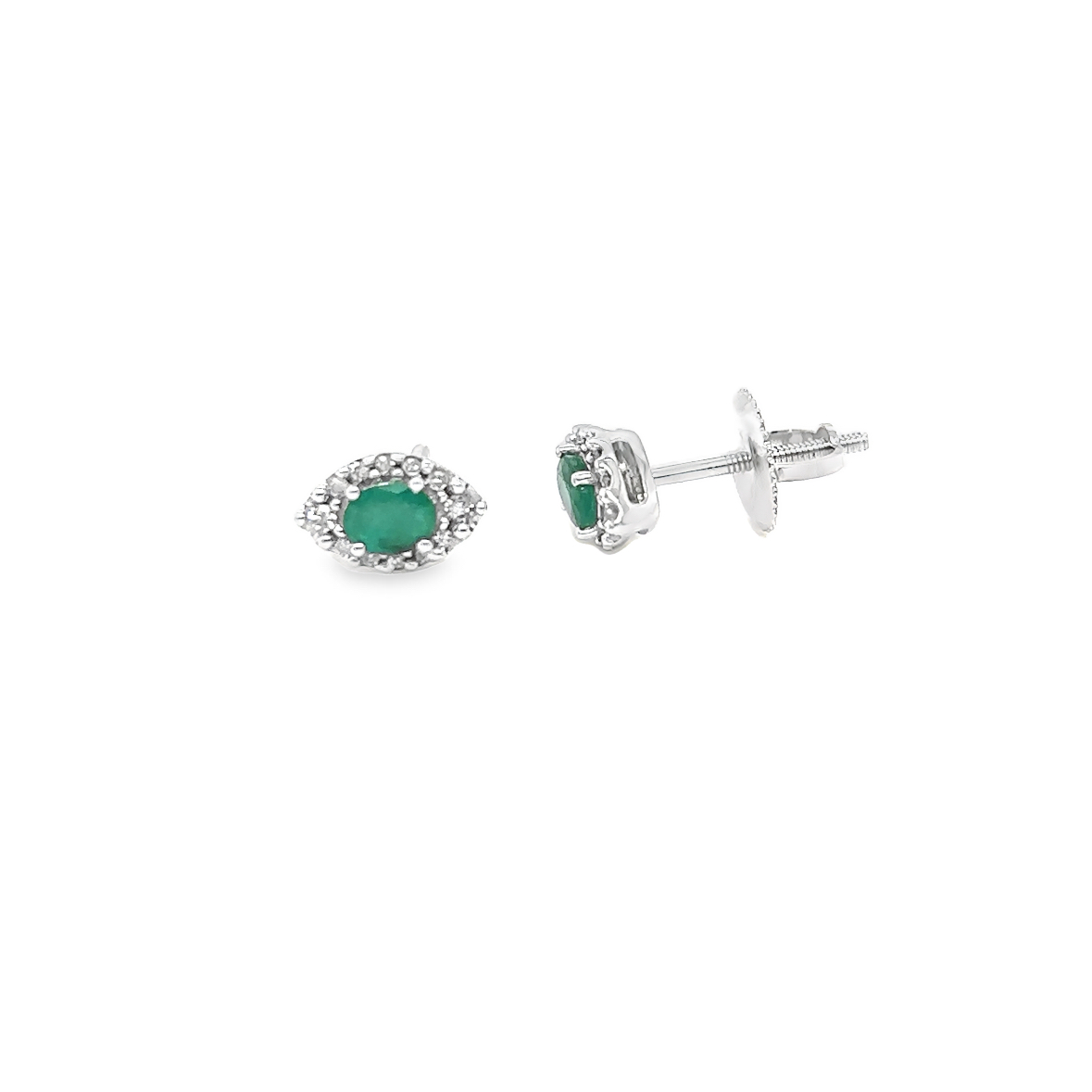14K White Gold Oval Emerald Royal Diamond Stud Earrings | 0.50 CTW Diamonds, 0.42 CTW Emeralds | 1.3 Grams