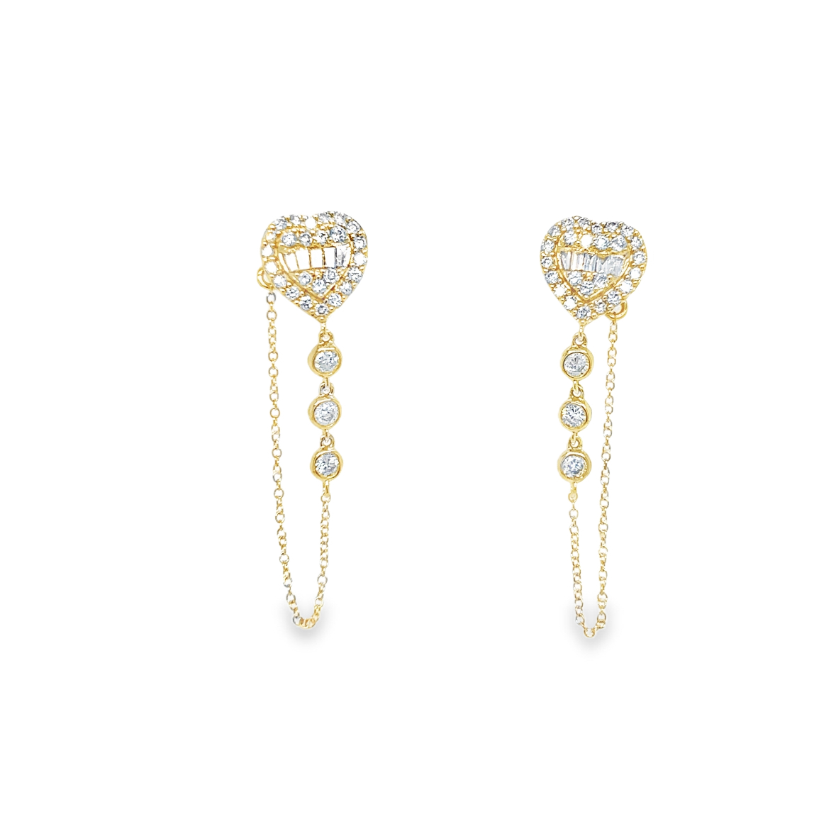 14K Yellow Gold 0.75ctw Diamond Baguette Heart & Bezel Drop Earrings