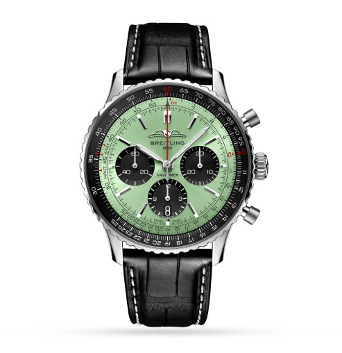 Breitling Navitimer B01 Chronograph 43mm Mint Dial Black Leather Band Watch
