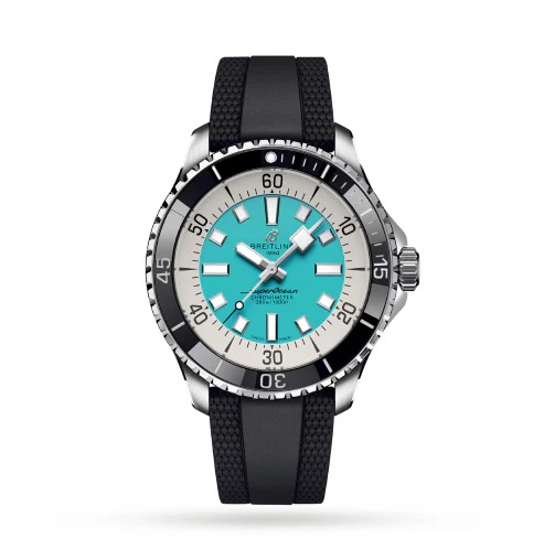 Breitling Superocean Automatic 44 Stainless Steel Turquoise Blue White Dial Black Rubber Strap Watch