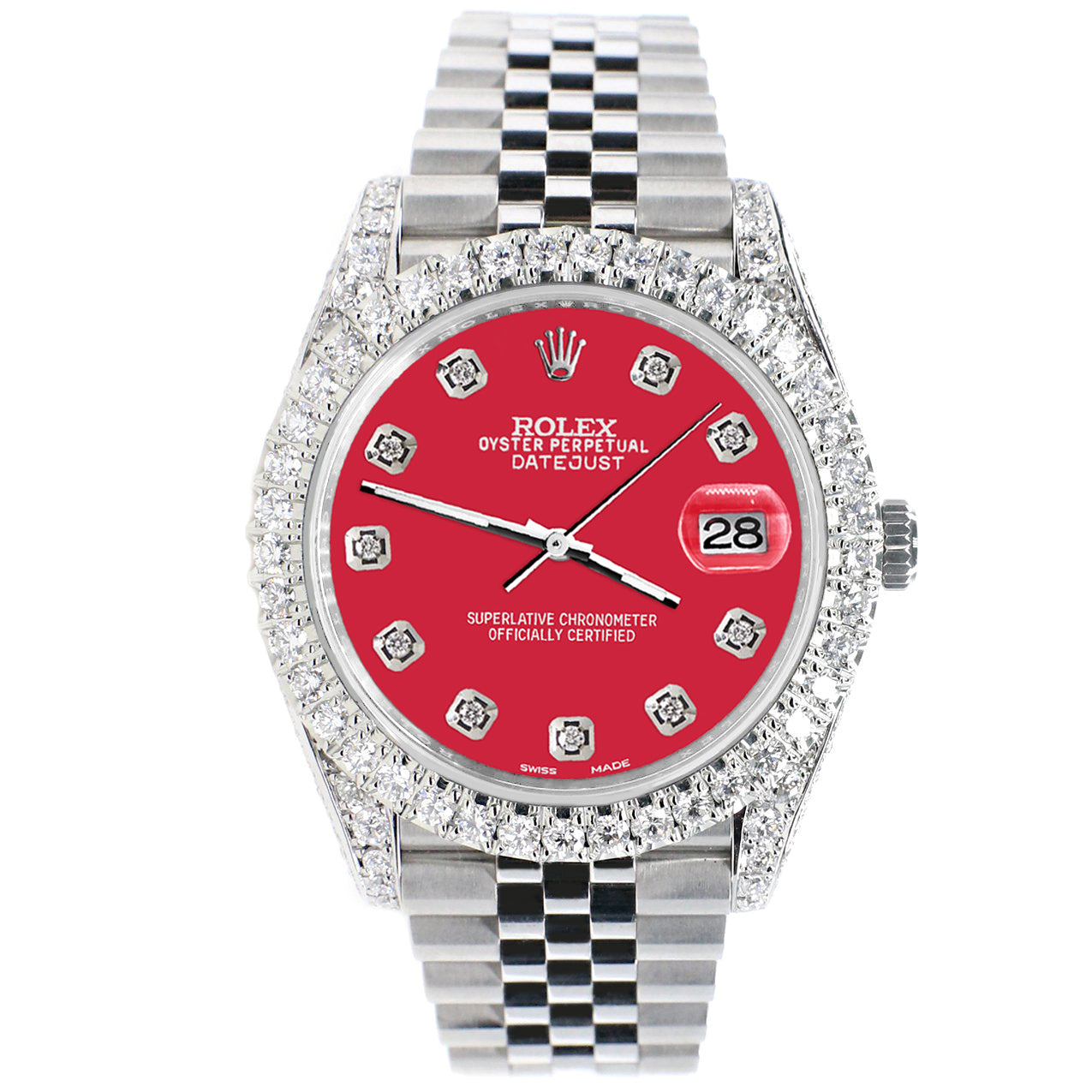Rolex Datejust 41 5.9CT Diamond Bezel/Lugs/Sides/Scarlet Red Dial 126300 Watch Box Papers