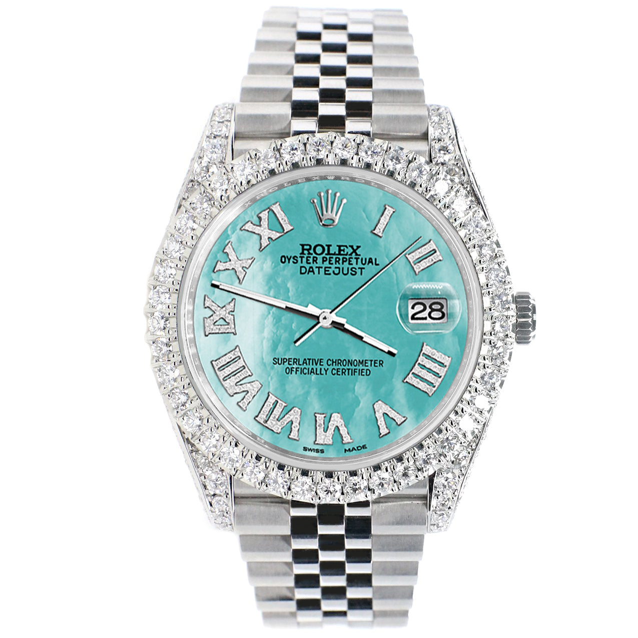 Rolex Datejust 41 5.9CT Diamond Bezel/Lugs/Sides/Aquamarine MOP Roman Dial 126300 Watch Box Papers