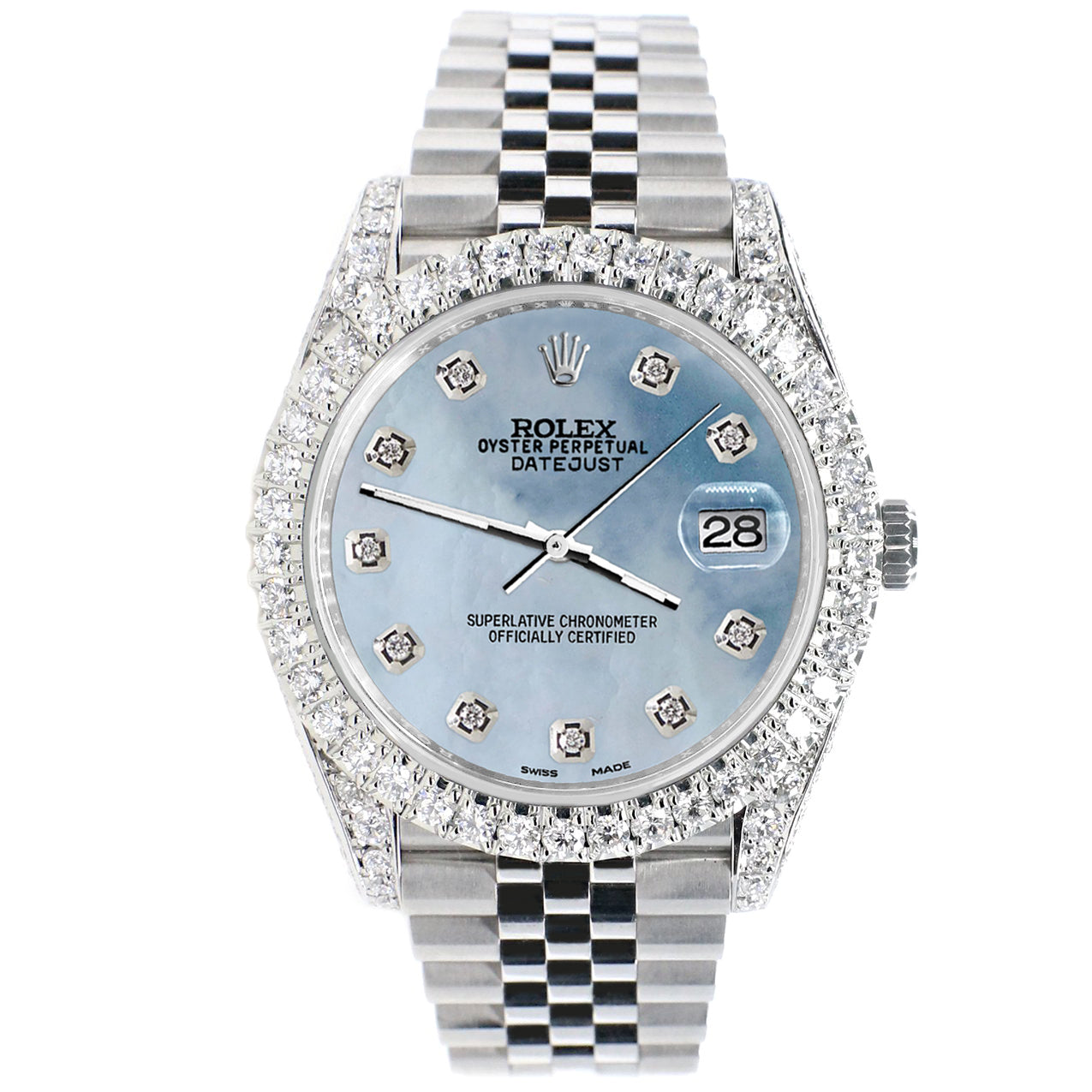 Rolex Datejust 41 5.9CT Diamond Bezel/Lugs/Sides/Sky Blue MOP Dial 126300 Watch Box Papers