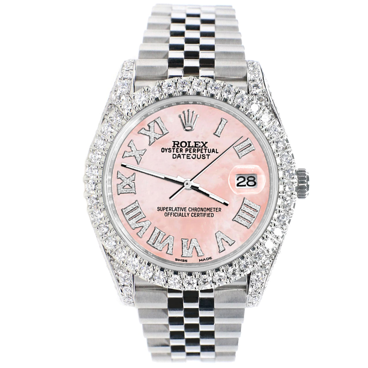 Rolex Datejust 41 5.9CT Diamond Bezel/Lugs/Sides/Royal Pink MOP Roman Dial 126300 Watch Box Papers