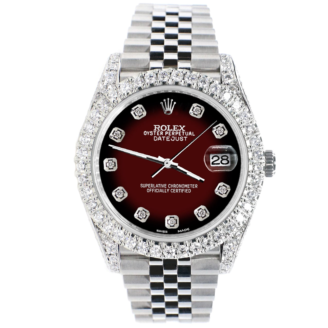 Rolex Datejust 41 5.9CT Diamond Bezel/Lugs/Sides/Maroon Vignette Dial 126300 Watch Box Papers