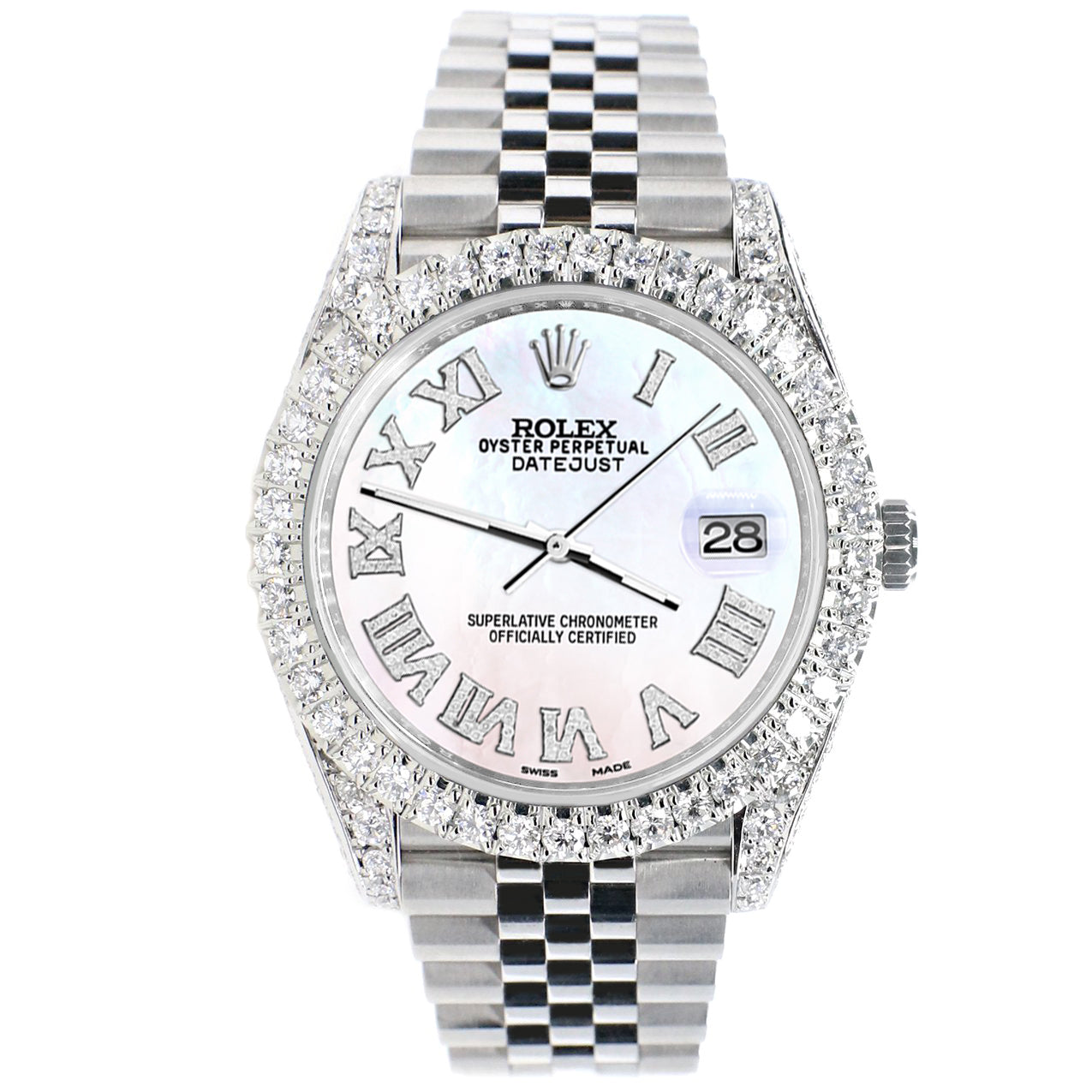 Rolex Datejust 41 5.9CT Diamond Bezel/Lugs/Sides/White Pearl Roman Dial 126300 Watch Box Papers