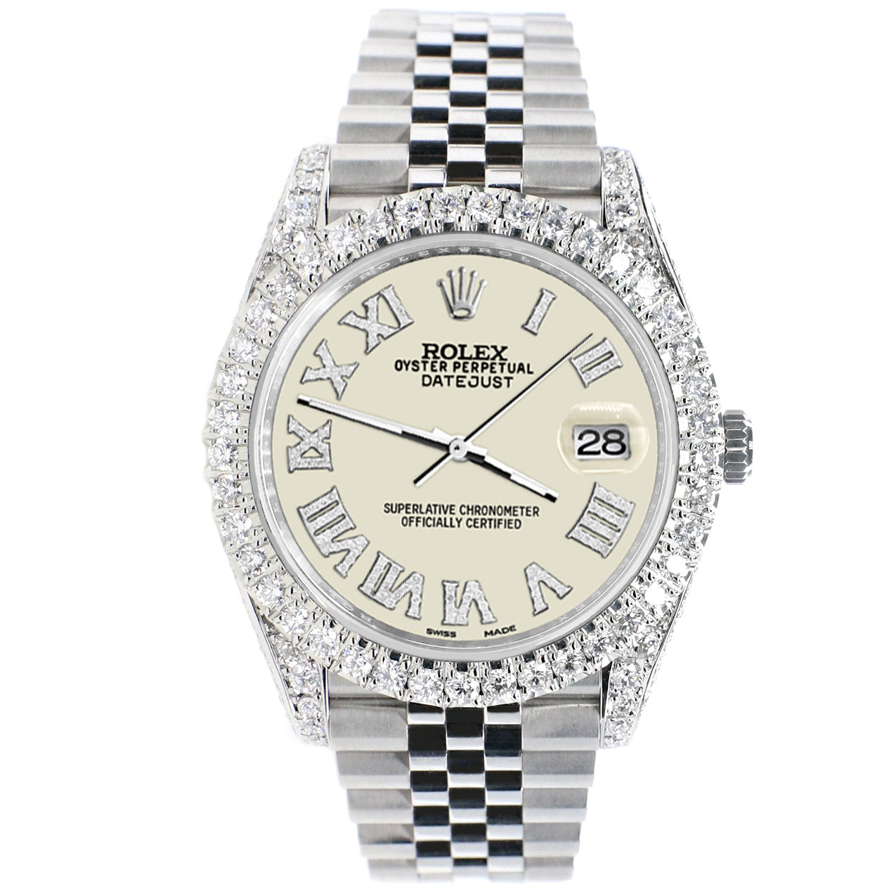 Rolex Datejust 41 5.9CT Diamond Bezel/Lugs/Sides/Satin Linen Roman Dial 126300 Watch Box Papers