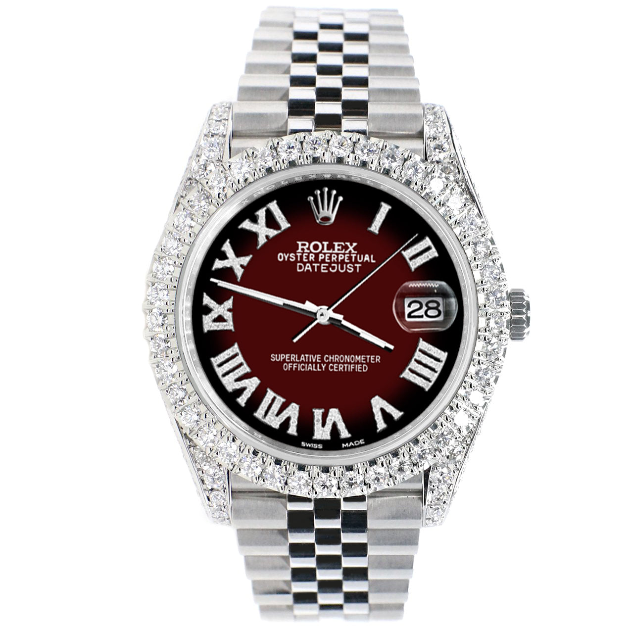 Rolex Datejust 41 5.9CT Diamond Bezel/Lugs/Sides/Maroon Vignette Roman Dial 126300 Watch Box Papers