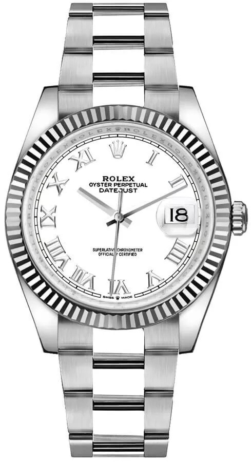 Rolex Datejust 36 18k White Gold Fluted Bezel White Roman Dial Watch 126234-0026