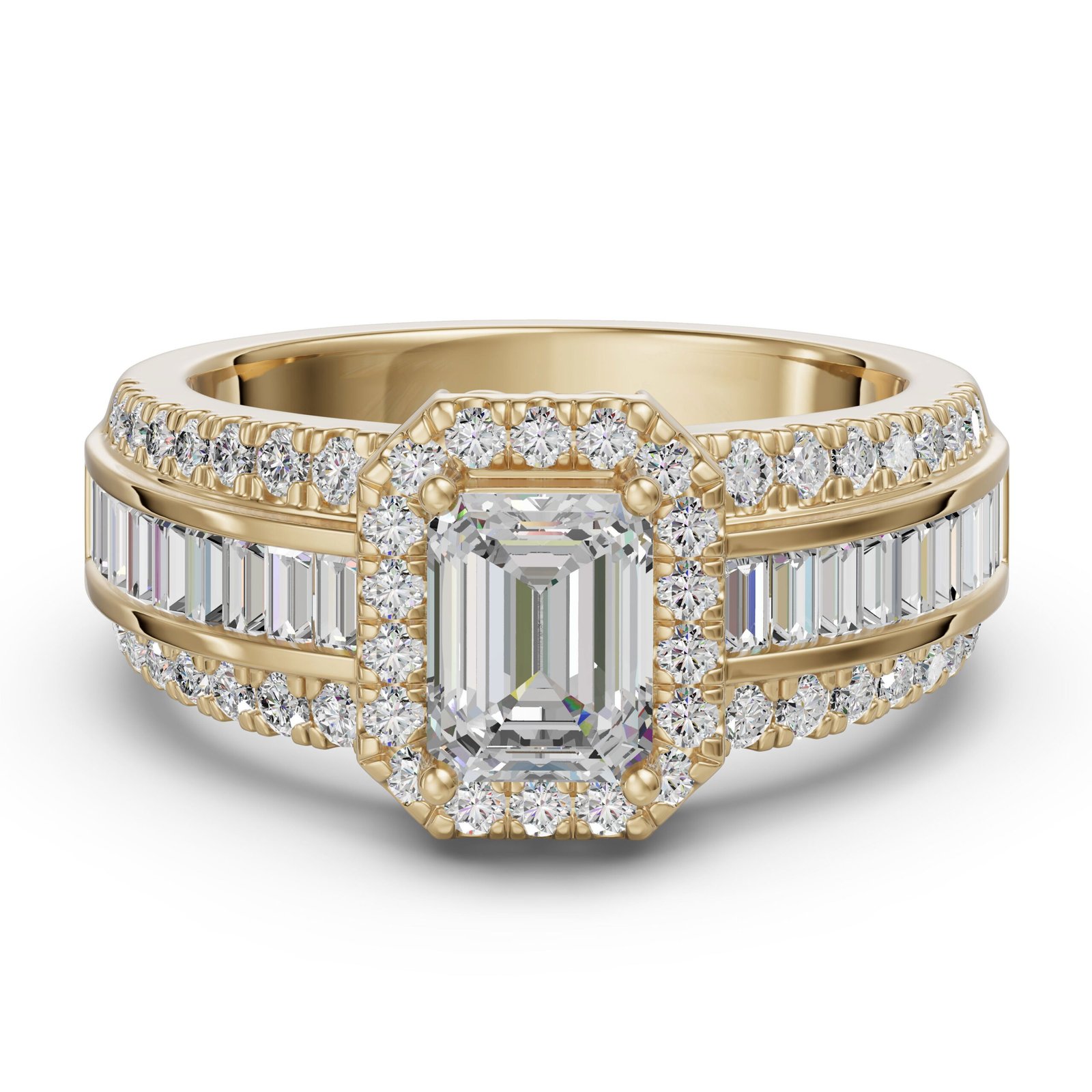 Emerald Cut Halo Baguette Accented Engagement Ring 1.00 ct