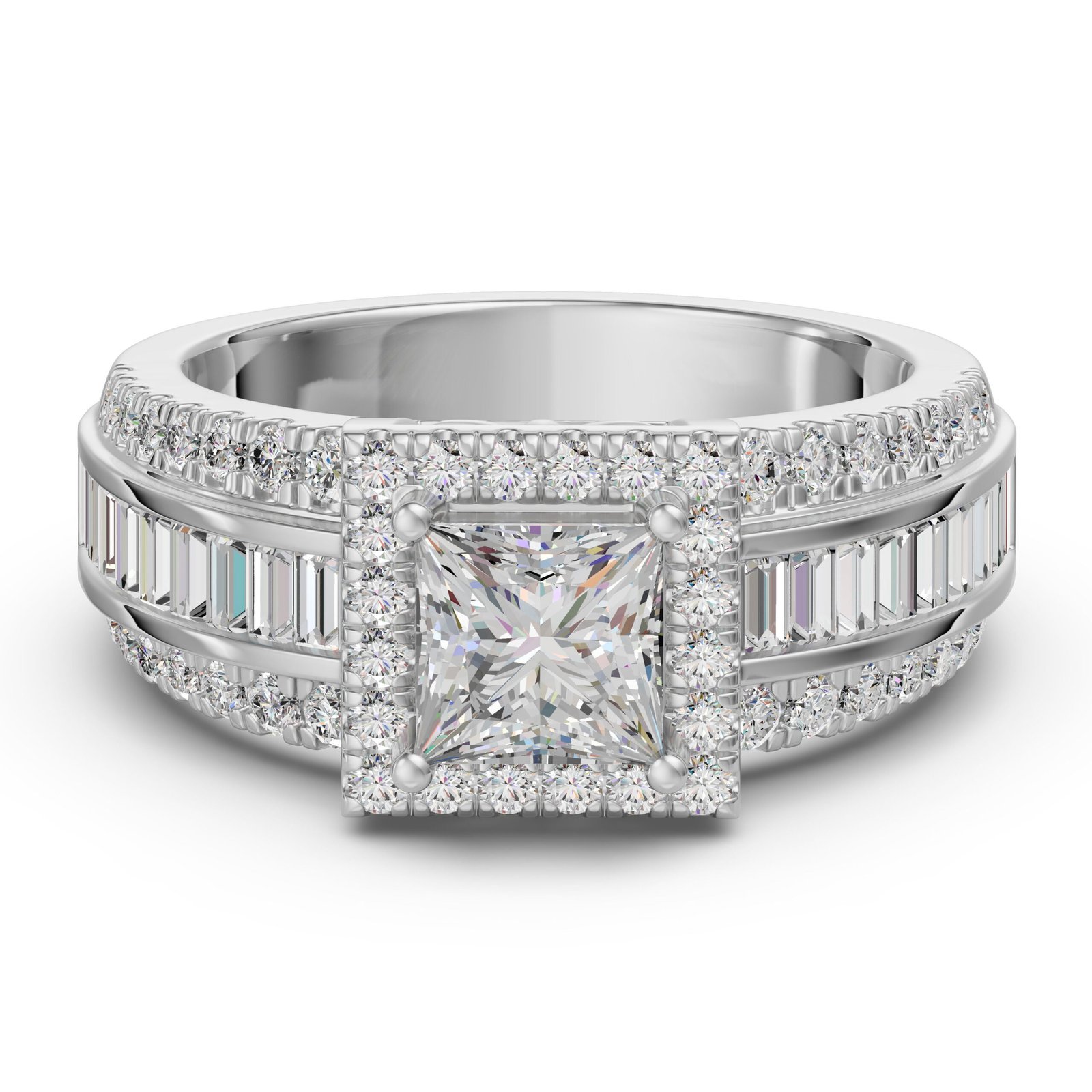 Princess Cut Halo Baguette Accented Engagement Ring 1.00 ct