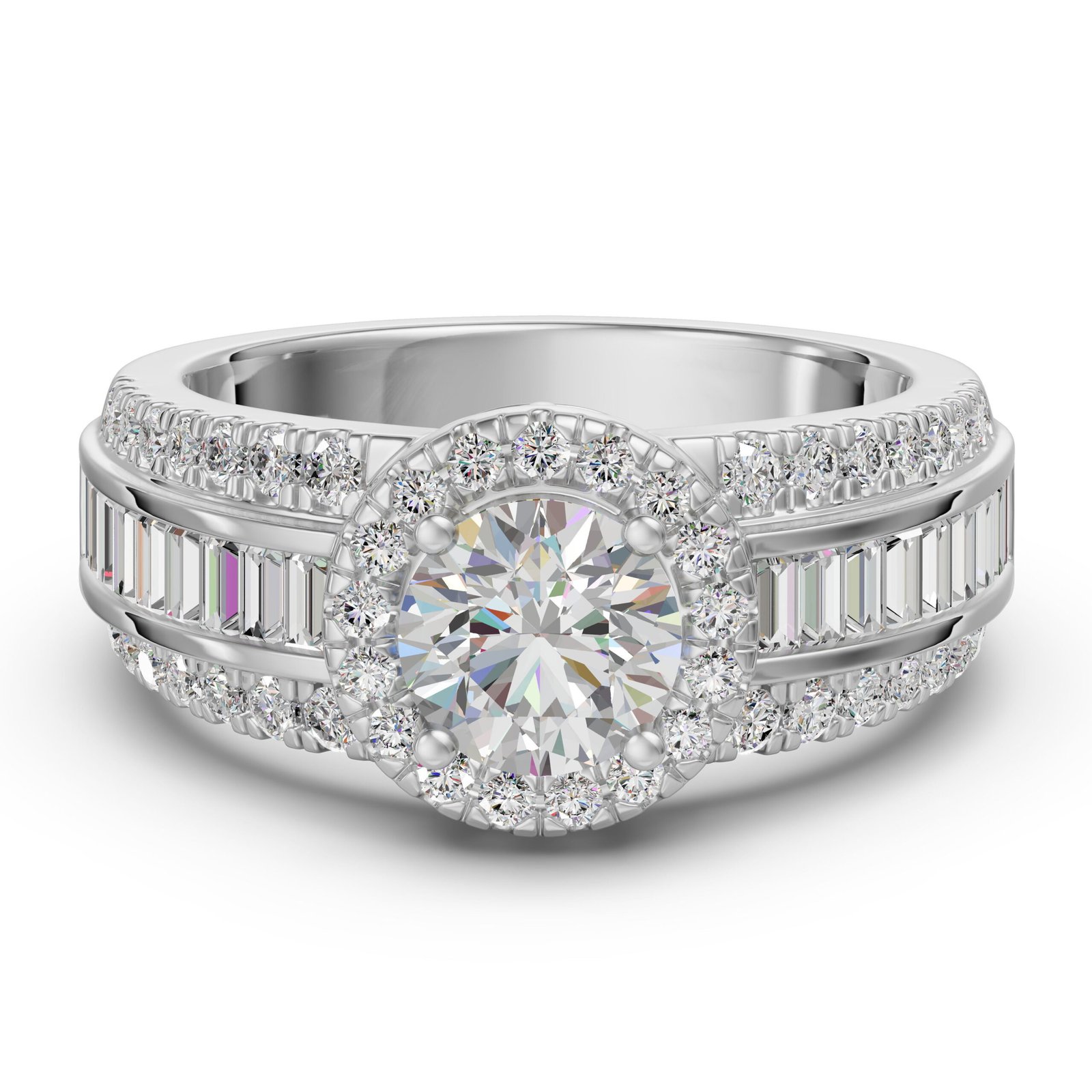 Round Cut Halo Baguette Accented Engagement Ring 1.00 ct