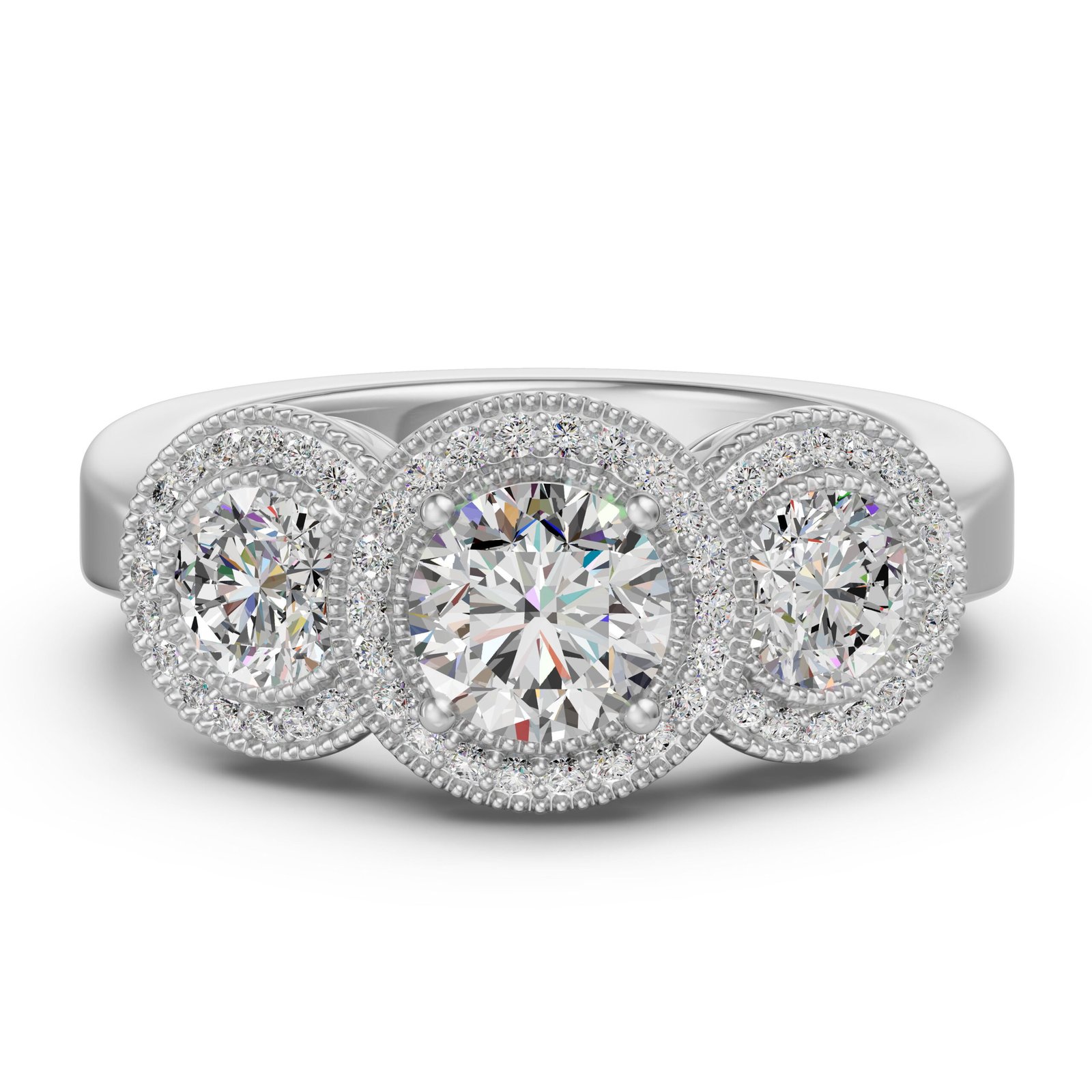 Three Stone Halo Classic Engagement Ring 1.00 ct