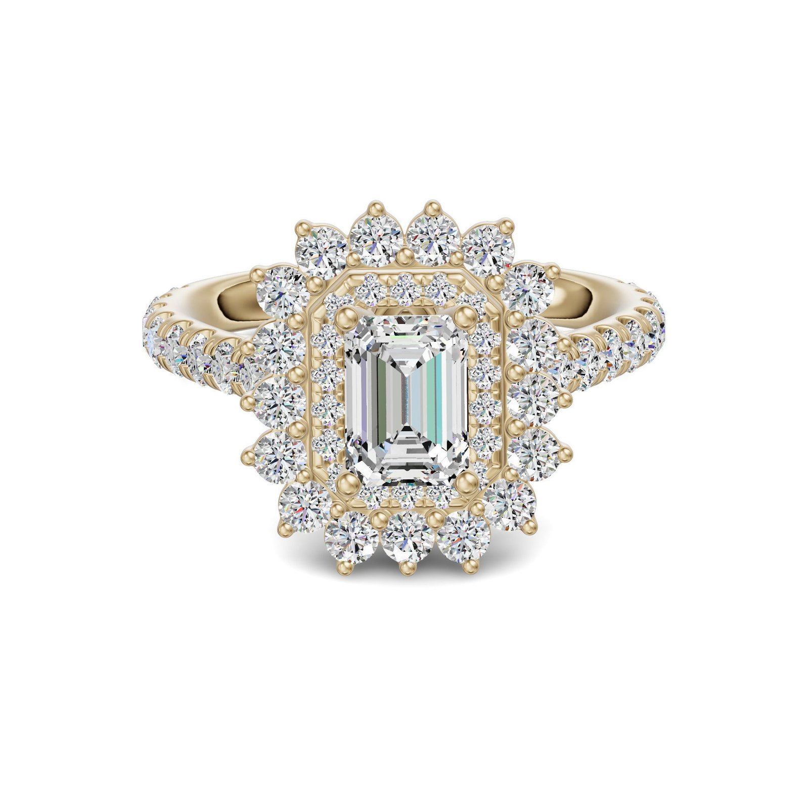 Double Halo Accented Emerald Cut Engagement Ring