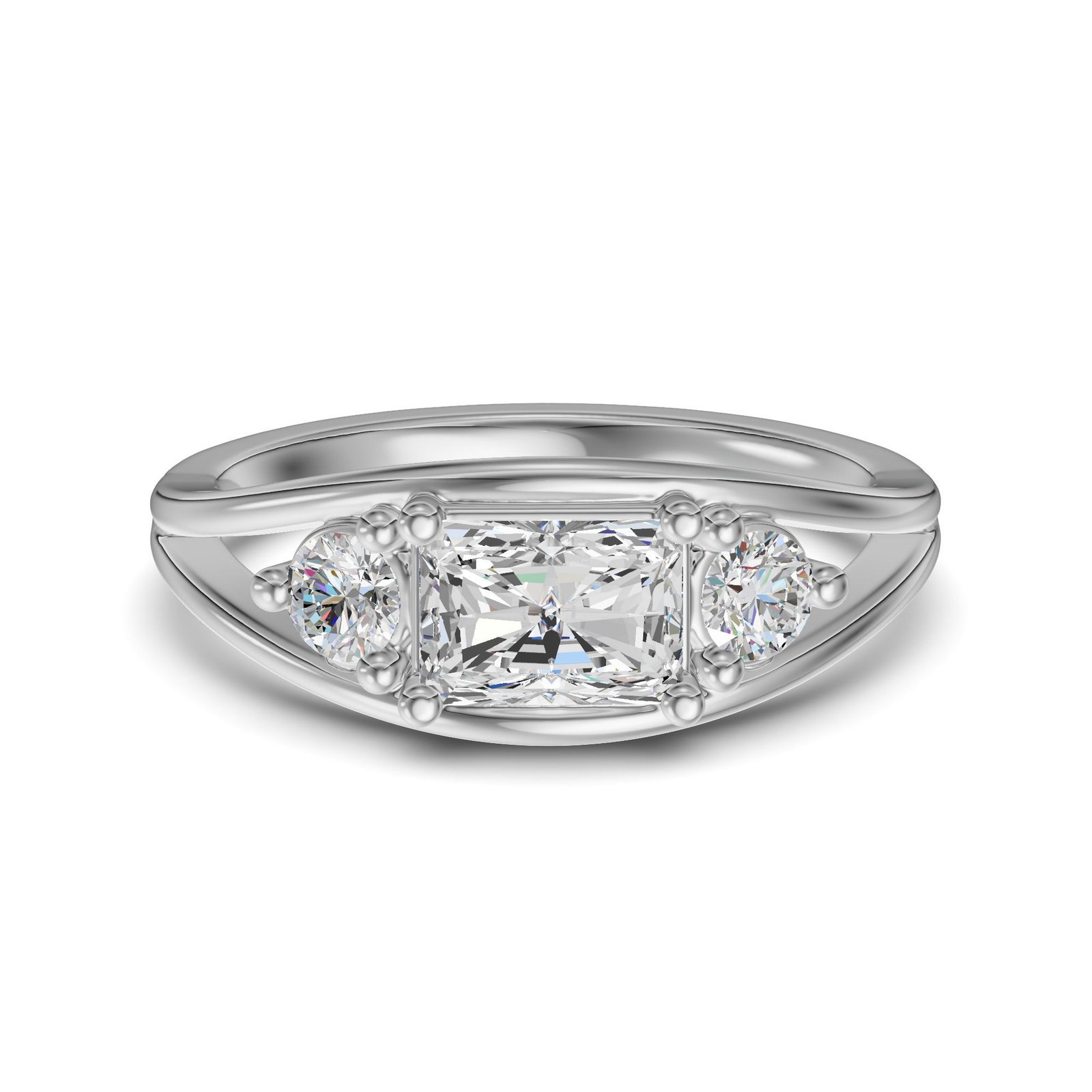 East-West Three Stone Radiant Cut Engagement Ring