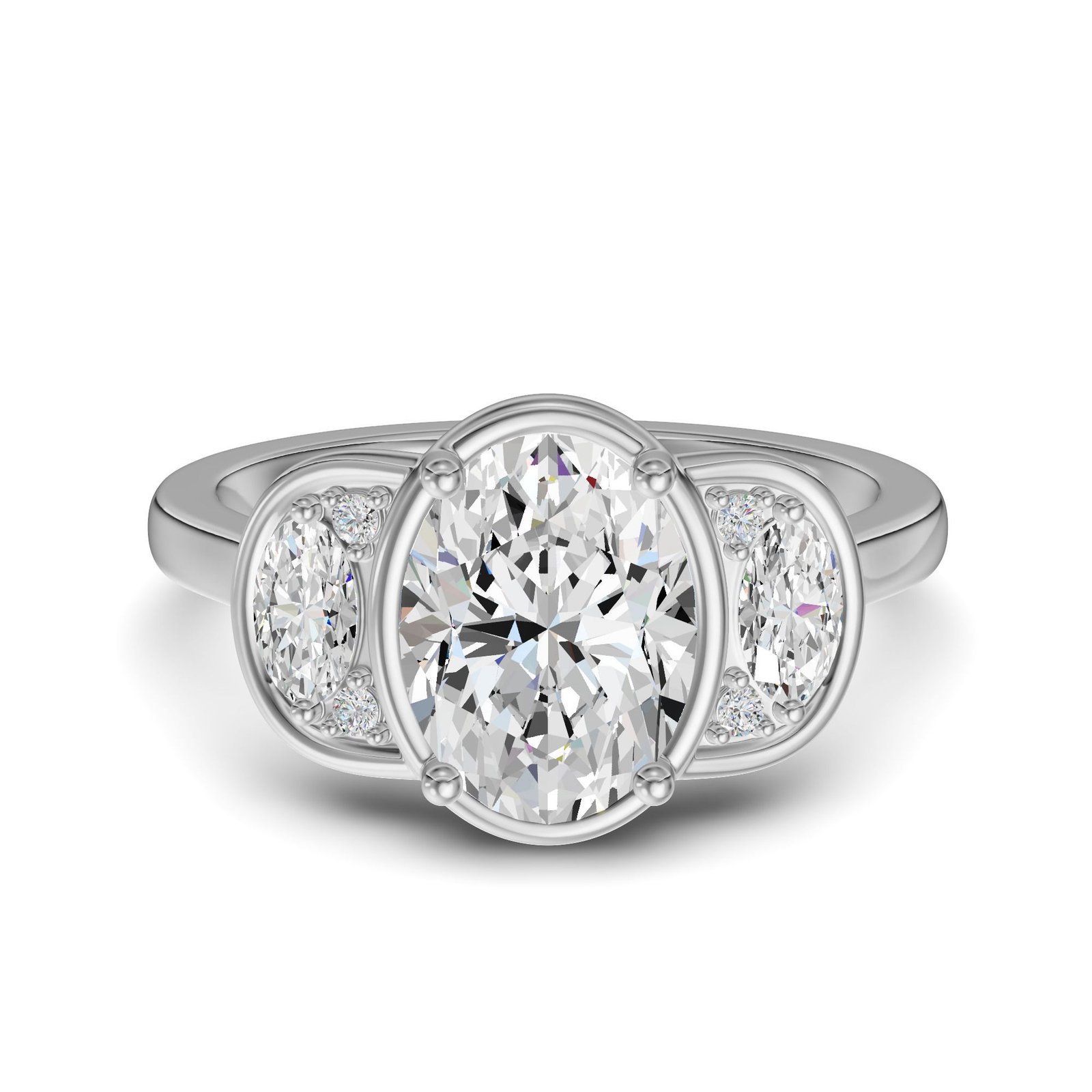 Three Stone Half Moon Oval Cut Engagement Ring