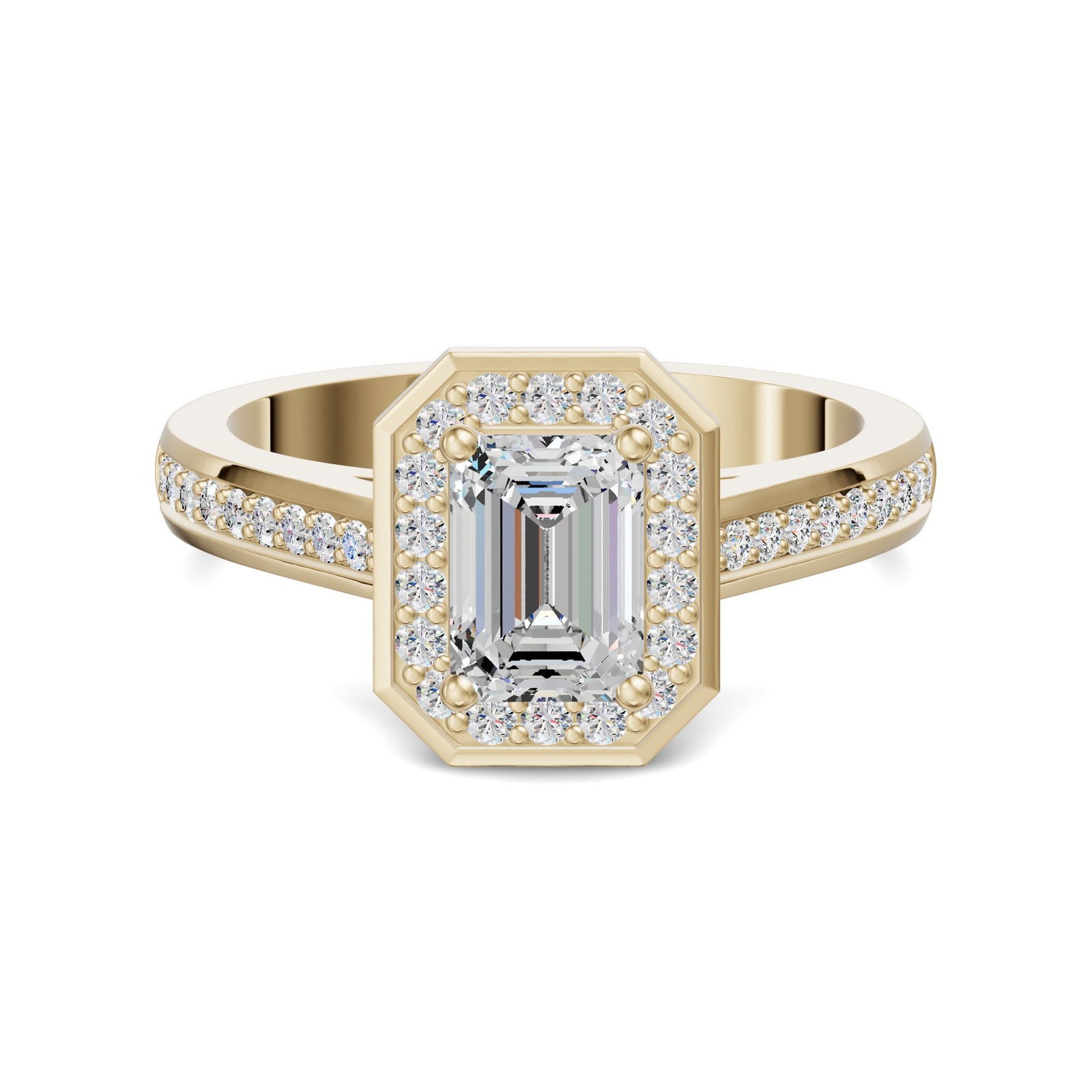 Channel Pave Halo Accented Emerald Cut Engagement Ring