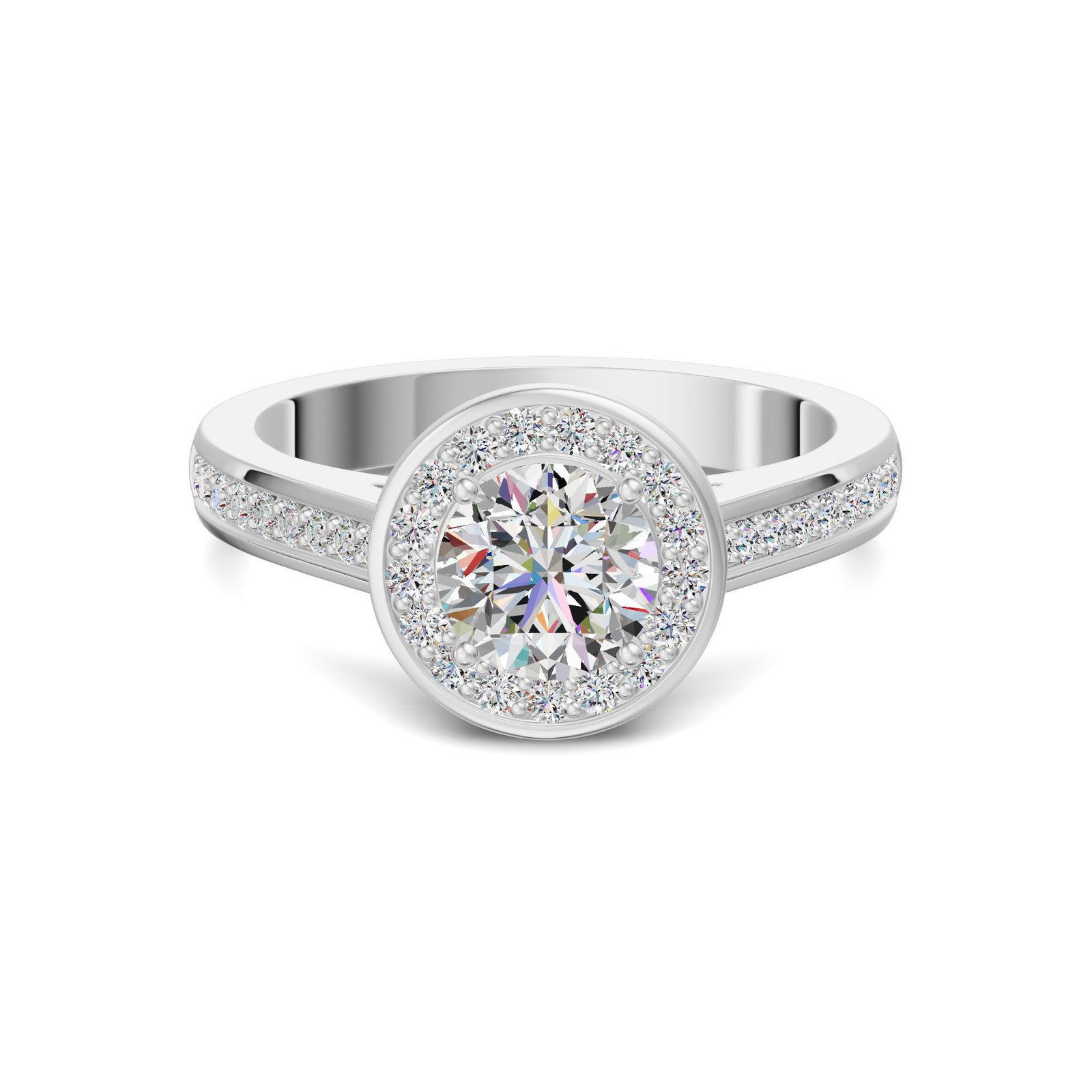 Channel Pave Halo Accented Round Cut Engagement Ring
