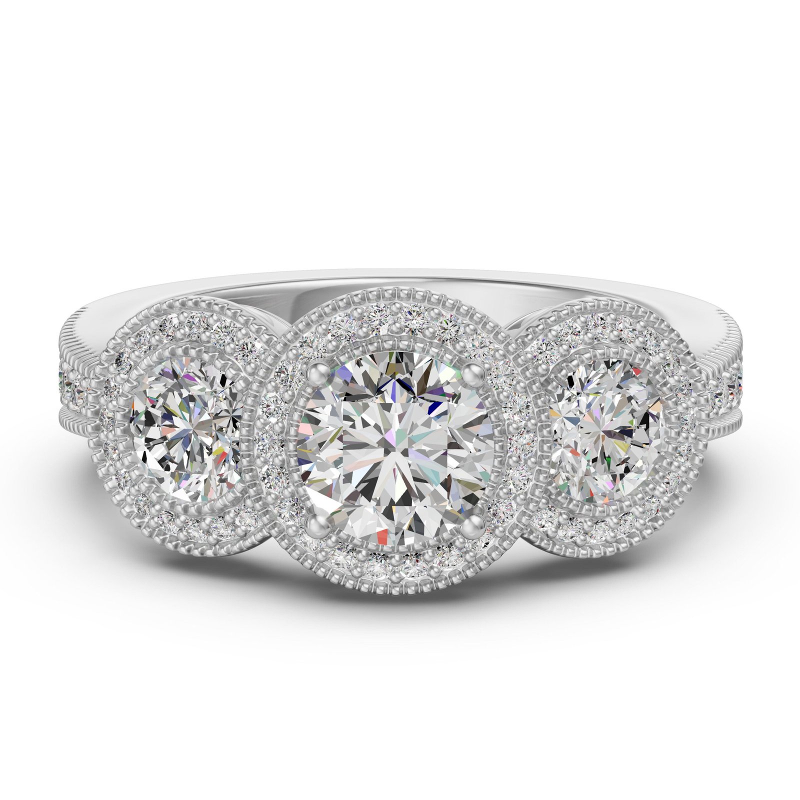 Three Stone Halo Accented Engagement Ring 1.00 ct
