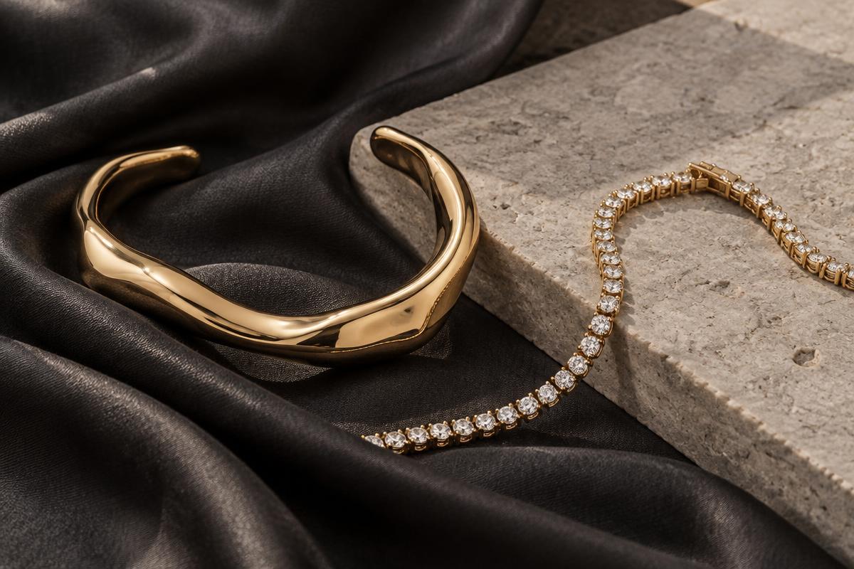 Brand-neutral luxury gold and gem-set jewellery pieces arranged on dark fabric in a soft studio light
