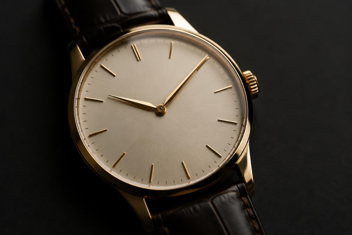 Brand-neutral close-up of an elegant gold dress watch dial with baton markers on a dark background