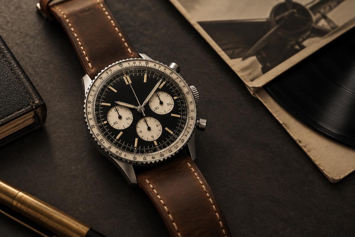Original generated illustration of a brand-neutral vintage-style pilot’s chronograph with a black dial and brown leather strap