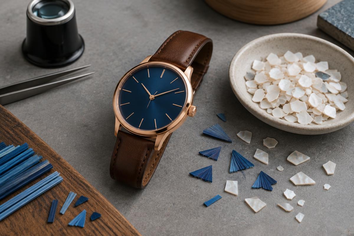 Brand-neutral rose-gold-tone wristwatch beside blue straw and eggshell marquetry materials on an artisan’s table