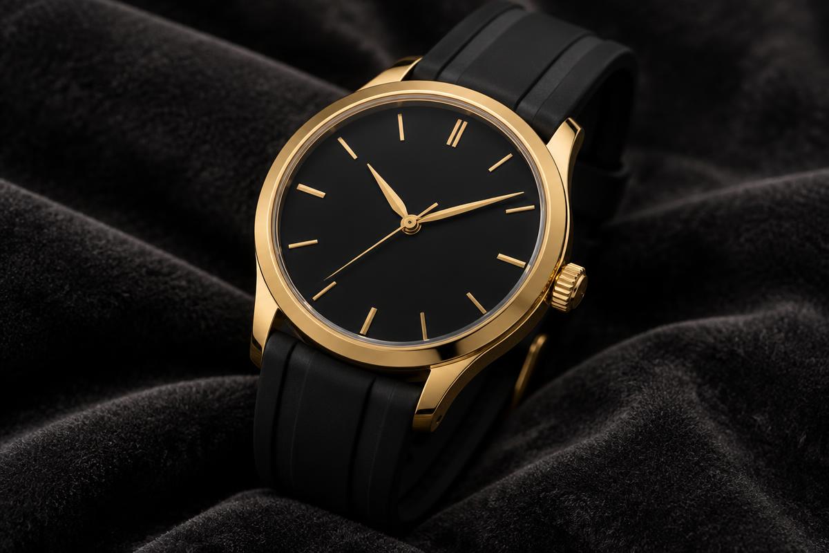 Brand-neutral yellow-gold wristwatch with a black dial and black rubber strap resting on charcoal velvet in soft gallery light