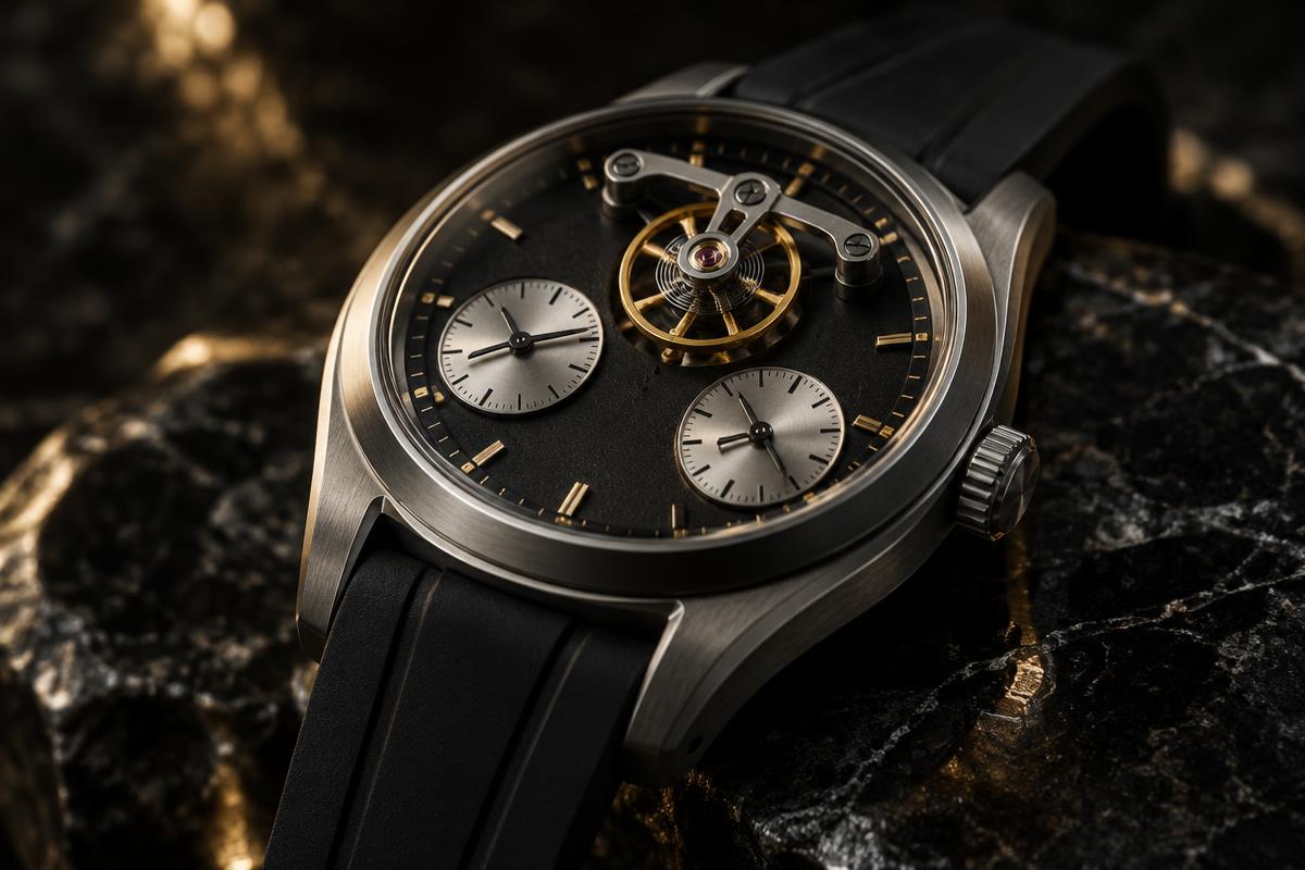 Brand-neutral luxury wristwatch with a floating balance wheel above two silver subdials on a black rubber strap, resting on dark polished stone
