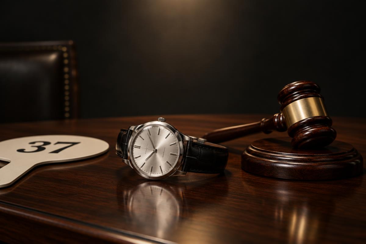 Brand-neutral luxury wristwatch on a dark wooden auction table beside a gavel and bidding paddle