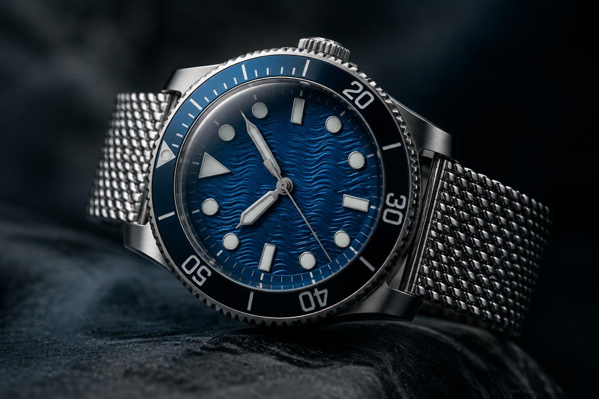 Brand-neutral dive watch with an ocean-blue wave-patterned dial, polished steel bezel and steel mesh bracelet against a dark background
