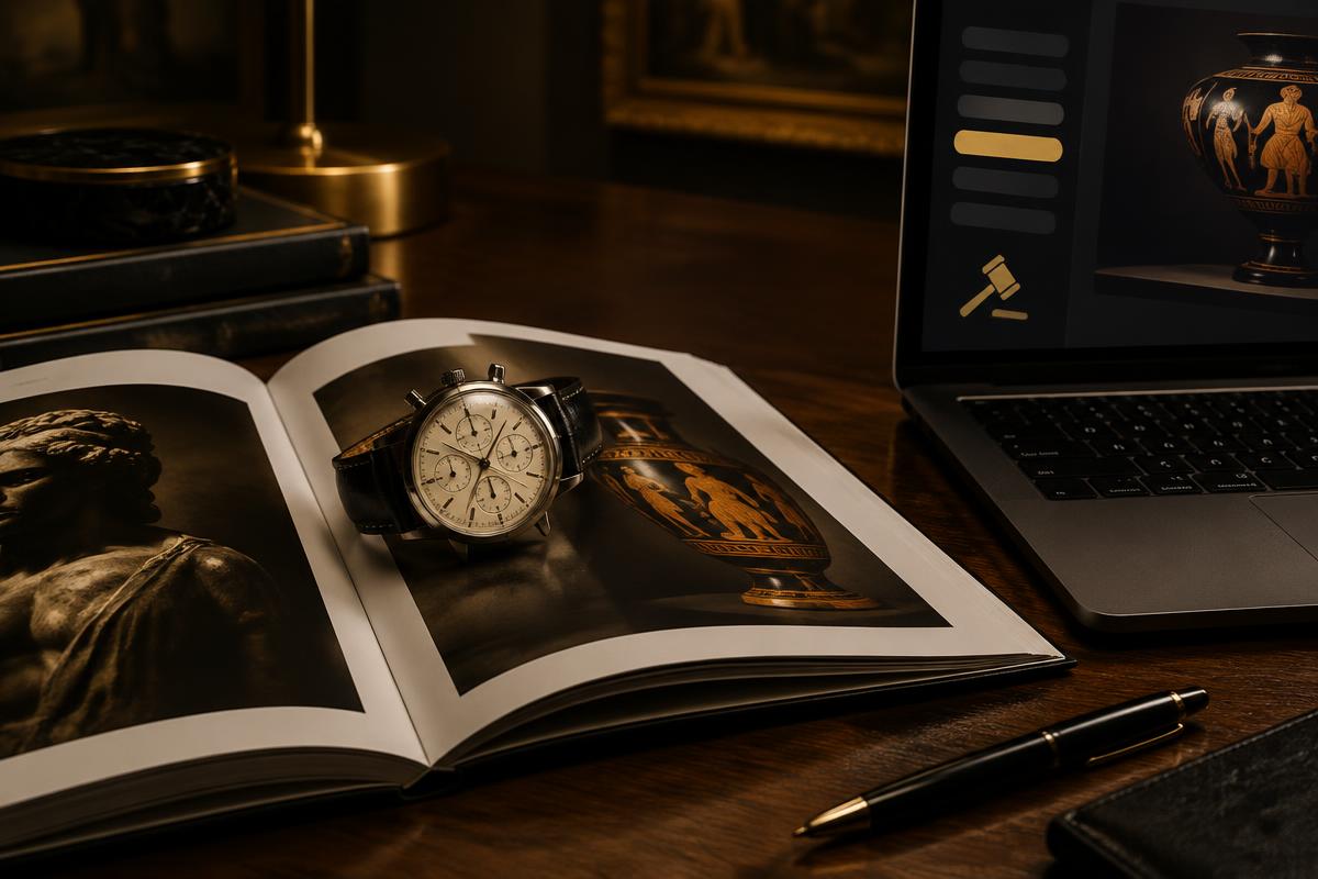 Brand-neutral vintage chronograph resting on an open auction catalogue beside a laptop showing a bidding screen