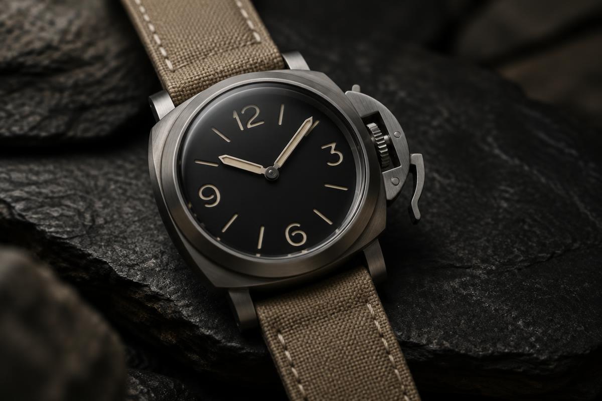 Brand-neutral cushion-cased dive watch with a crown-protecting bridge on a beige canvas strap, photographed in moody gallery light
