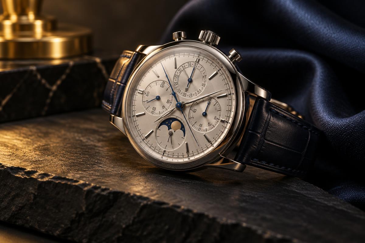 An elegant platinum perpetual calendar chronograph wristwatch on dark slate under warm golden gallery light