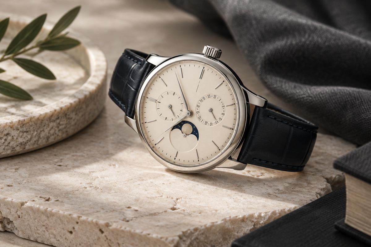 Original brand-neutral calendar-watch illustration with an ivory dial, moonphase display and dark leather strap