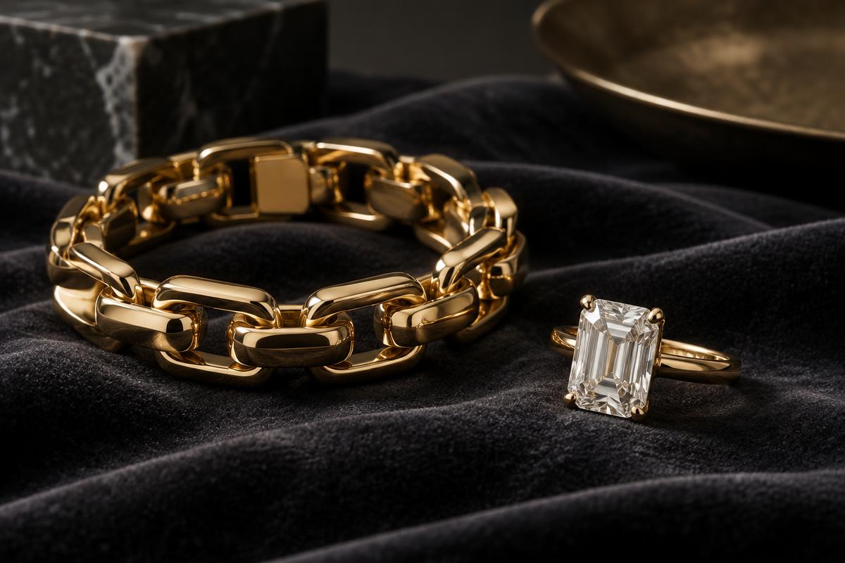 Brand-neutral diamond ring and polished gold bracelet on dark velvet in soft gallery light